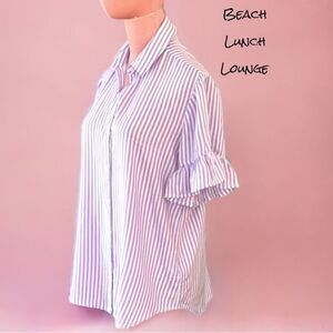 BEACH LUNCH LOUNGE BUTTON UP TOP BLOUSE PURPLE WHITE STRIPED RUFFLE SLEEVES SP